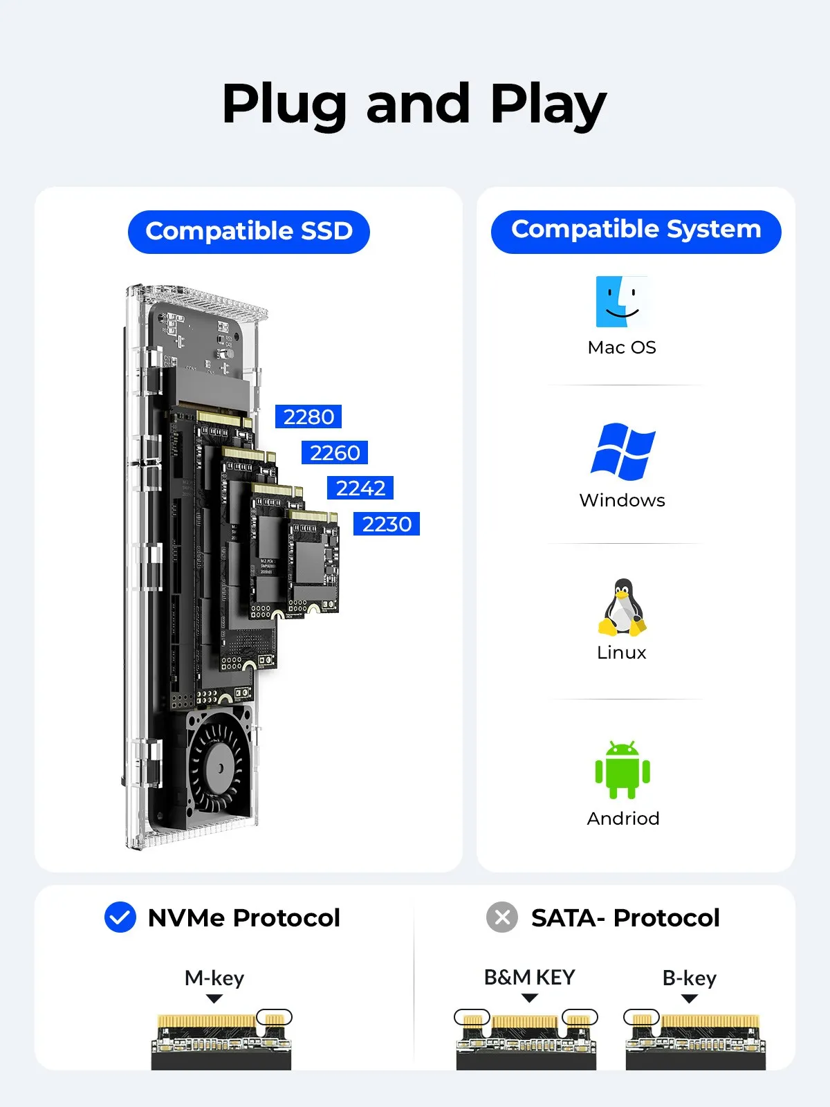 Imagem -05 - Orico-nvme Gabinete Ssd com Ventoinha Usb 3.2 Gen 2x2 Ferramenta Adaptador Pcie Nvme Livre 4tb para Pcie m Key 20gbps