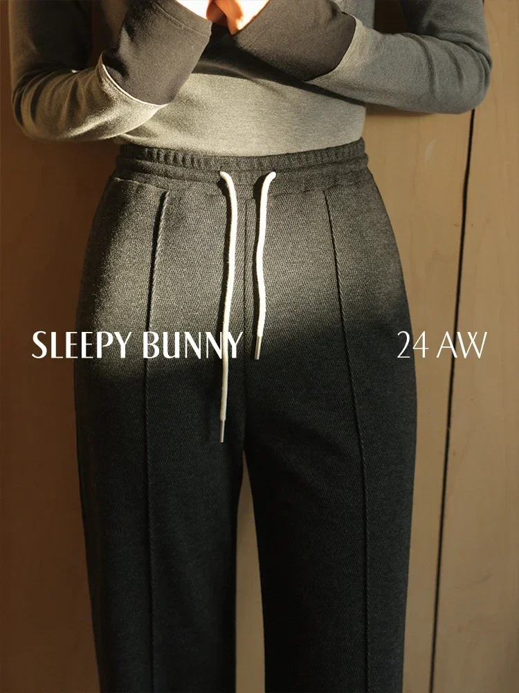 

Winter Casual Loose Fit Straight-Leg Pants for Women Contrast Drawstring High-Waist Thickened Warm 2025 Stylish Korean Trousers