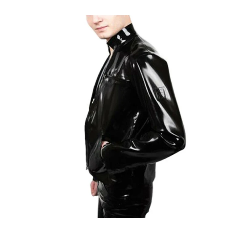 100% Handmade Male Rubber Latex Tops Outwear High Collar with Front Long Zip Long Sleeve Classic Jacket Black Sexy Hot Coat