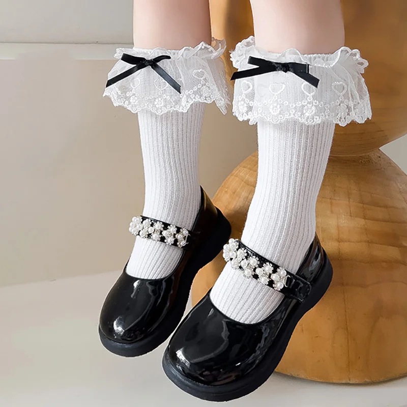 Autumn Girl Lolita Sweet Lace Bowknot Socks Classic Long Children Lacework Socks Vintage Soft Cute Fashion Elasticity Stockings