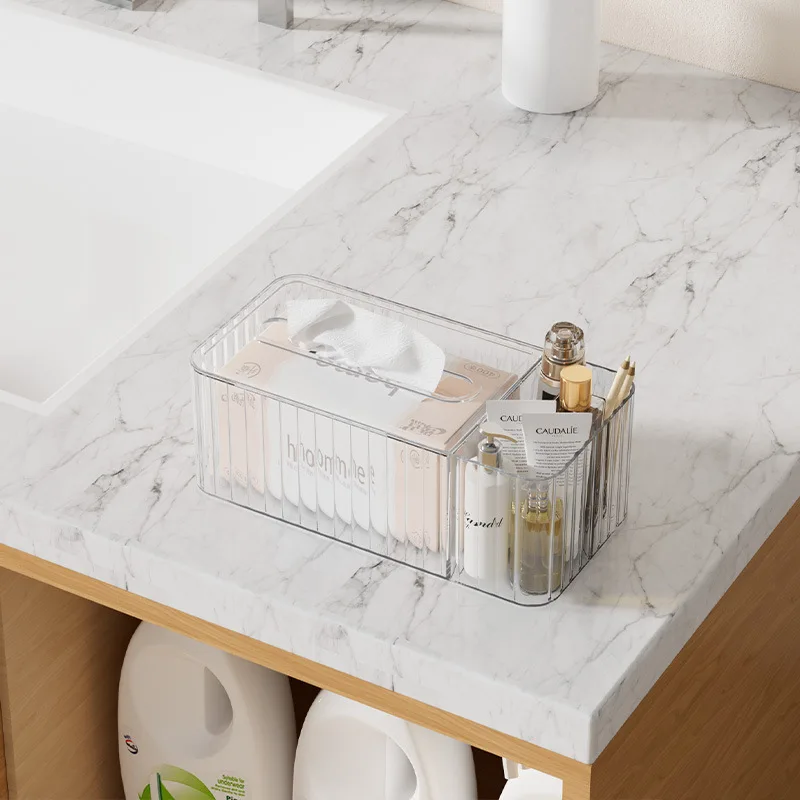 Light Luxury Striped Transparent Tissue Storage Box Living Room Double Compartment Remote Control Desktop Storage Box Tissue Box