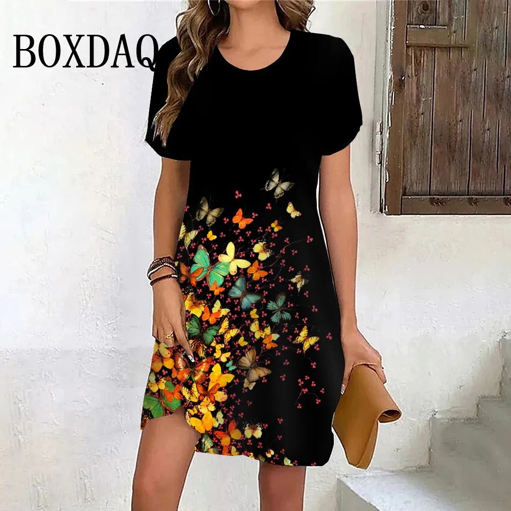 

Women Butterfly 3D Printed Short Sleeve Dress Casual Sweet Fashion Round Neck Loose Summer Clothes Loose Sundress Ladies Vestido