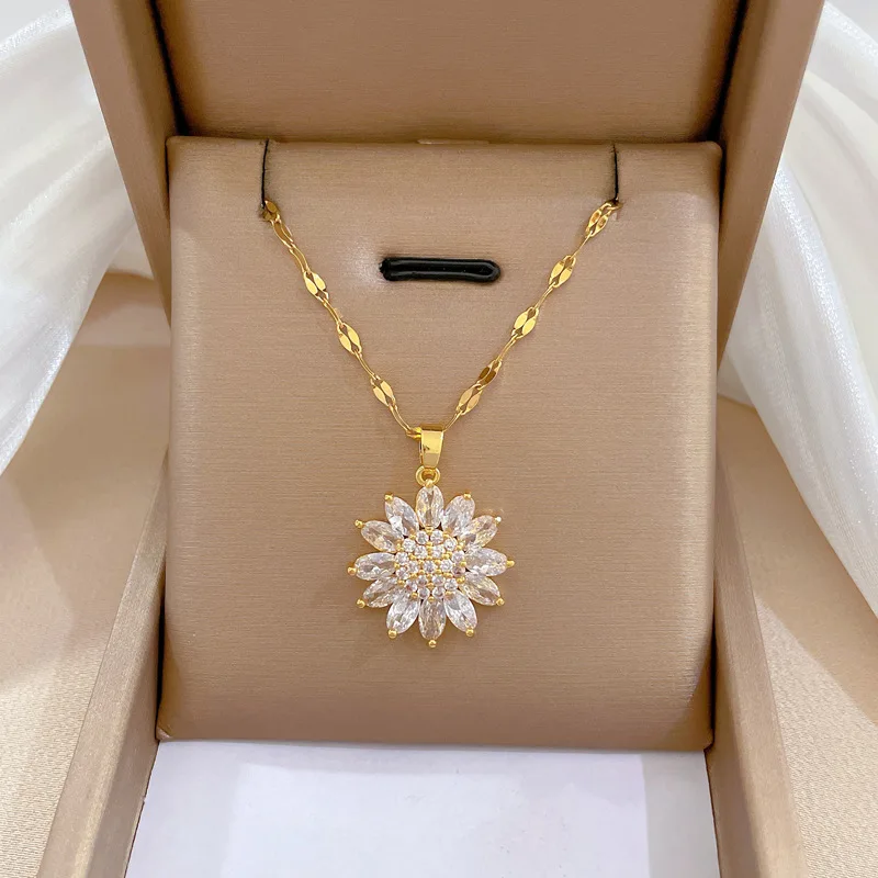

Luxury Wedding Girt Sunflower Full Zircon Necklace Women Titanium Steel Clavicle Chain Gold Color Jewelry