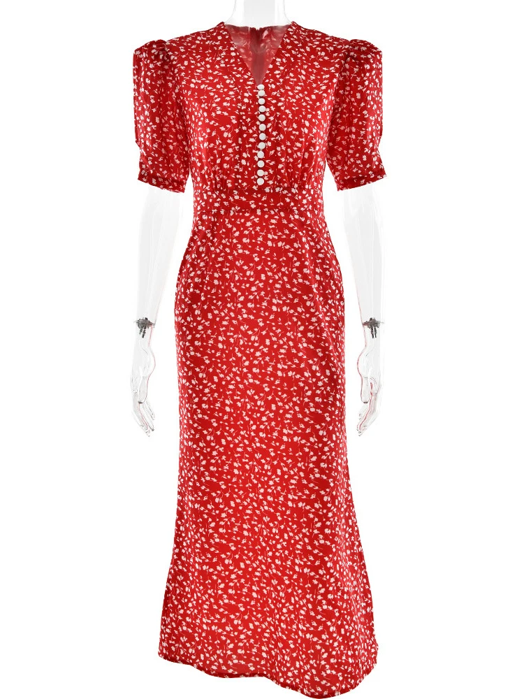 Oniflyme Sukienka maxi z nadrukiem i bufiastymi rękawami Moda damska Guziki Dekolt w szpic Krótki rękaw Bodycon Streetwear Seksowne damskie szaty imprezowe