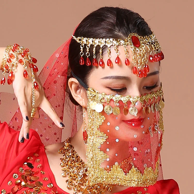 Velo de danza del vientre, accesorios de máscara de baile indio misterioso, tocado de baile, Centro de cejas de rendimiento de Xinjiang