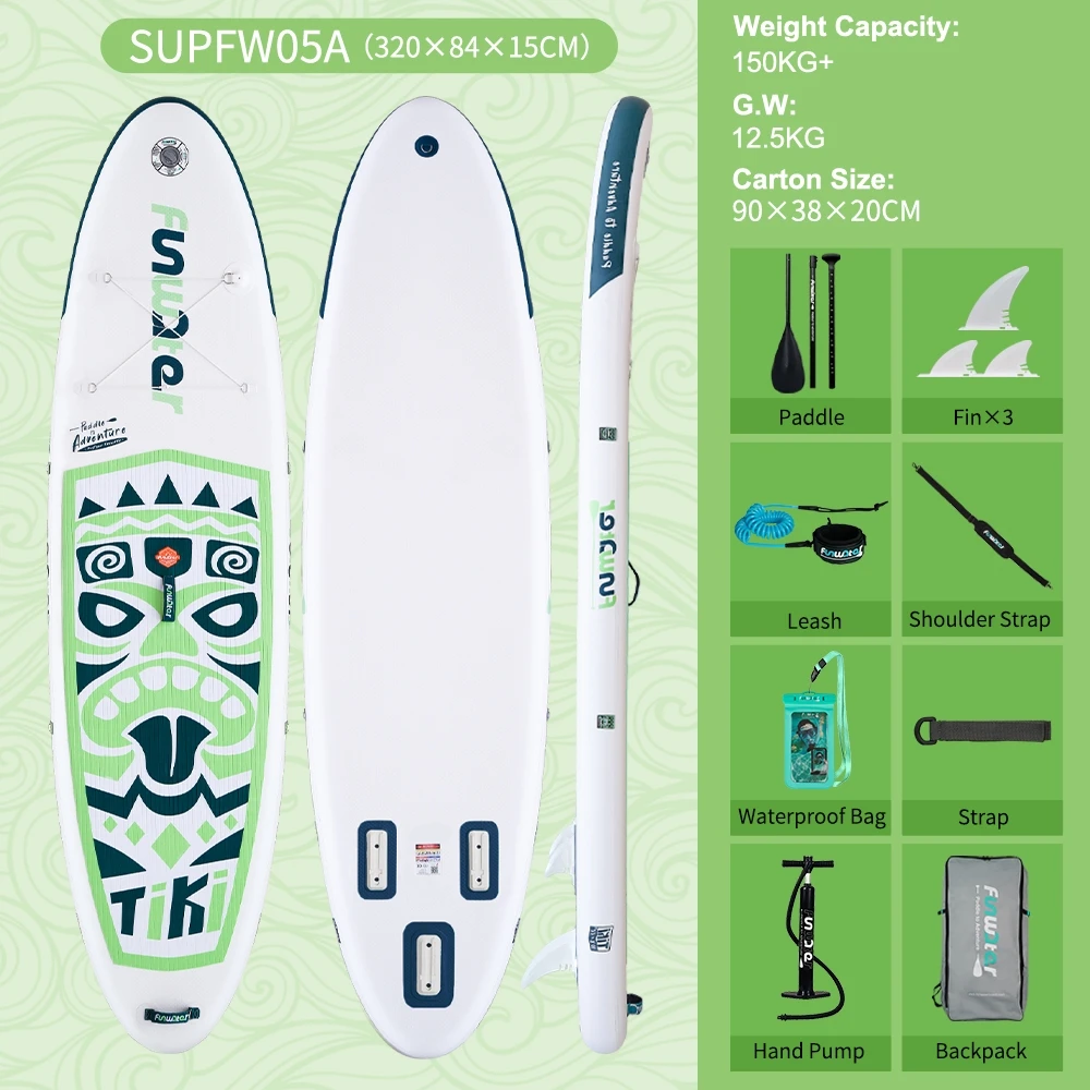 Opblaasbaar SUP paddleboard surfboard Funwater, opblaasbaar stand-up paddleboard met accessoires voor volwassenen & jongeren van alle niveaus