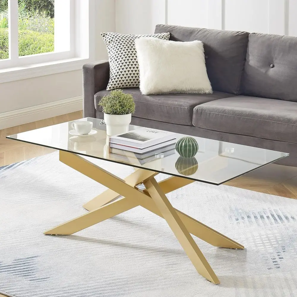 

Modern Glass Coffee Table with 47 Tempered Glass Top and Metal Legs for Small Spaces and Office