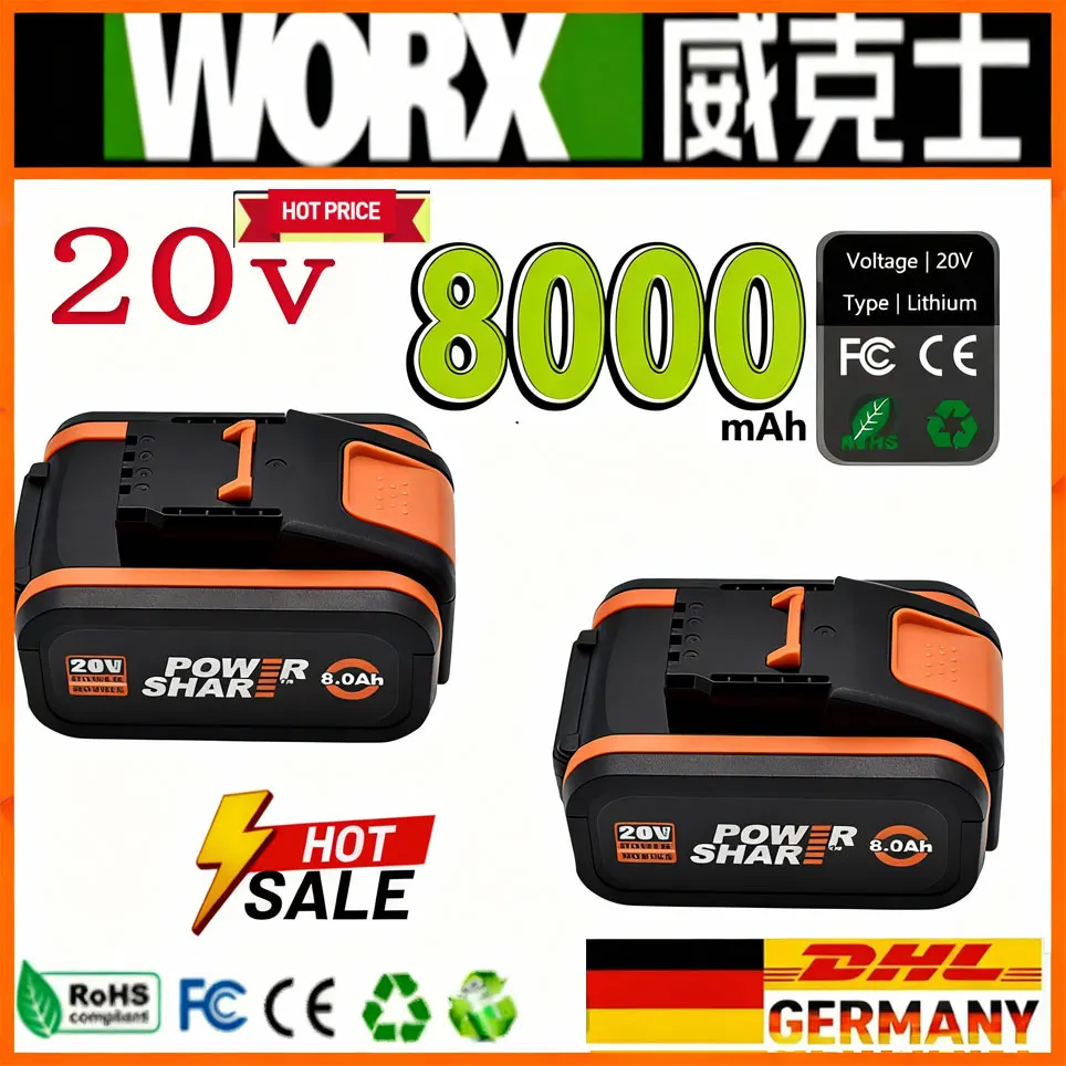Passend für WORX Powershare Lithium-Ionen-Akku 20V 8Ah WA3644, Hochleistungs- und Langlebiger Akku Kompatibel mit Allen WORX-Werkzeugen