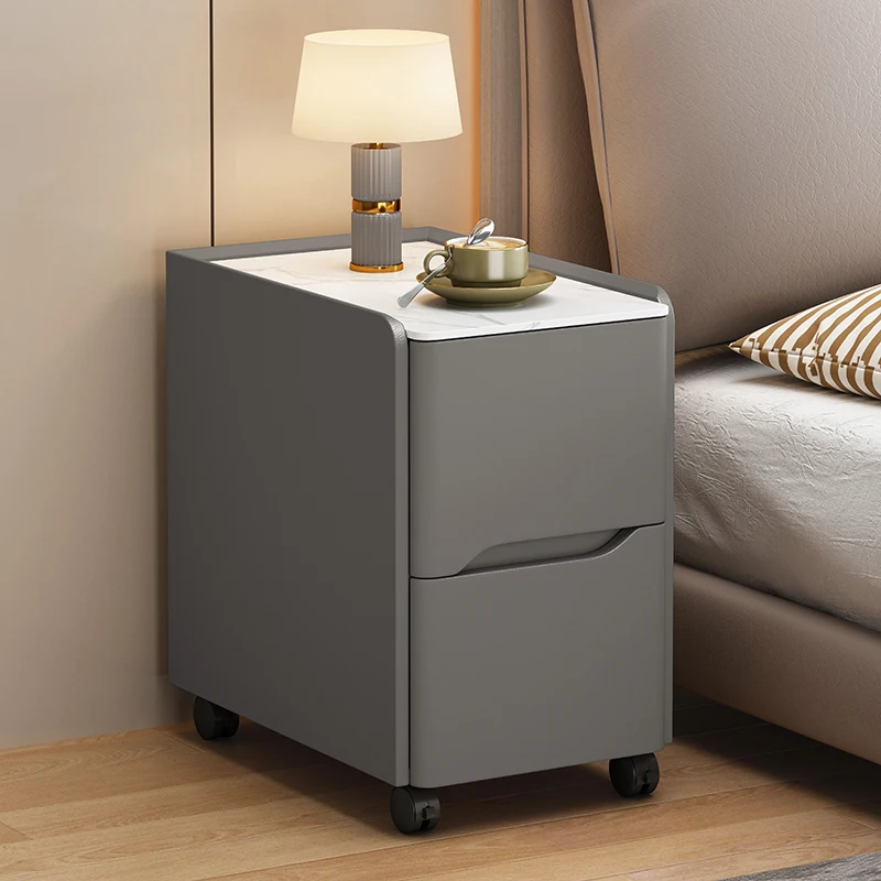 Wheeled Nightstand with Casters,Glam Minimalist Storage Cabinet,Slate Top Side Table, Spacious Bedside Organizer, Modern Bedroom