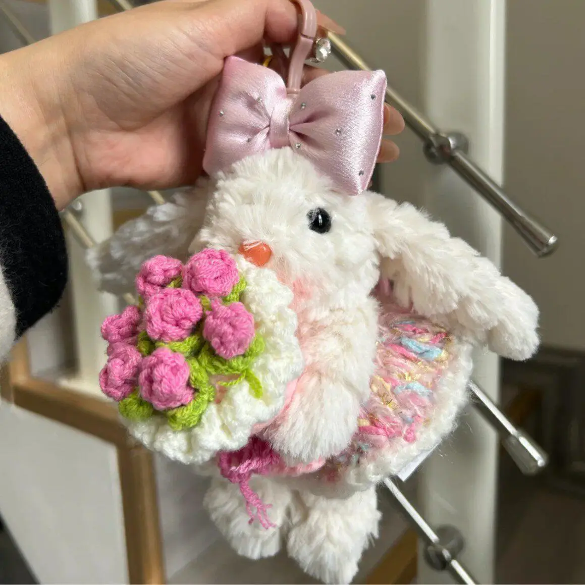 

Adorable Plush Rabbit Keychain Decorative Hanging Ornament Youth Fashion Hand-Held Flower Bag Accessory for Girls