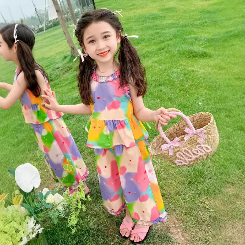 

Girls' Suit Summer New Dopamine Casual Sleeveless Top + Wide-leg Nine-point Pants Cool Two-piece Set 2-7y