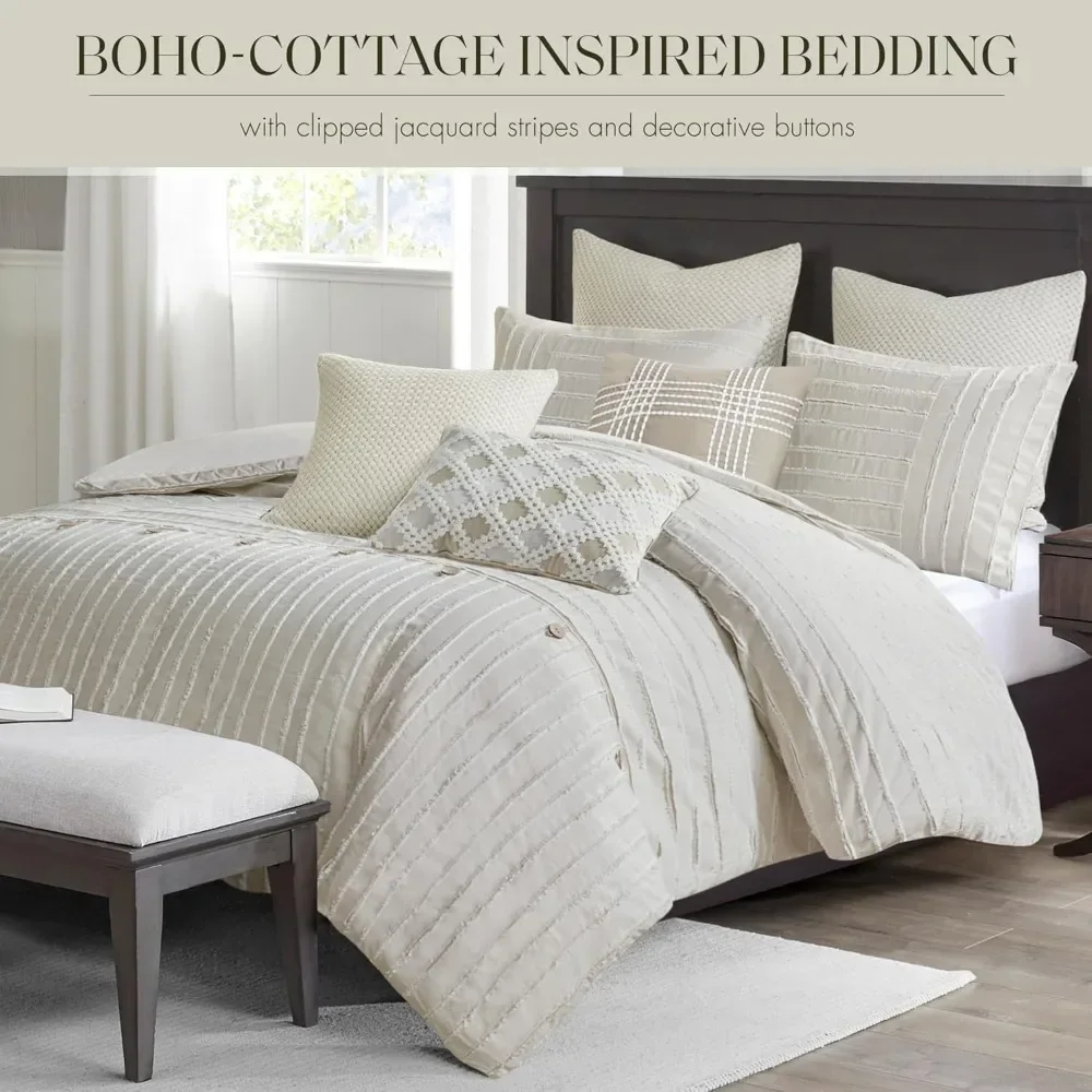 King Comforter Set Clipped Jacquard Stripes with Buttons Boho Comforter for a King-Size Bed, Cotton Overs