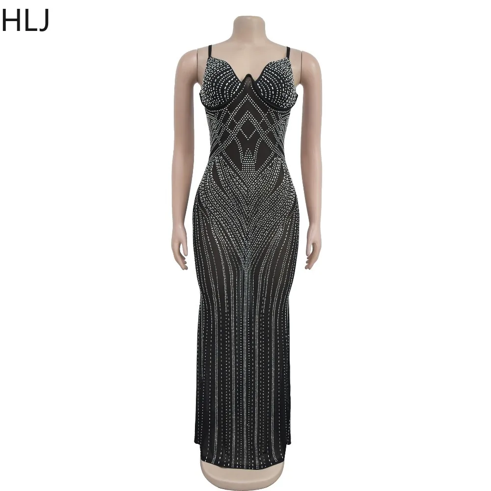 HLJ Fashion Luxury Rhinestones Bodycon Evening Party Spaghetti Strap Long Dress Women V Neck Sleeveless Sleeveless Slim Vestidos