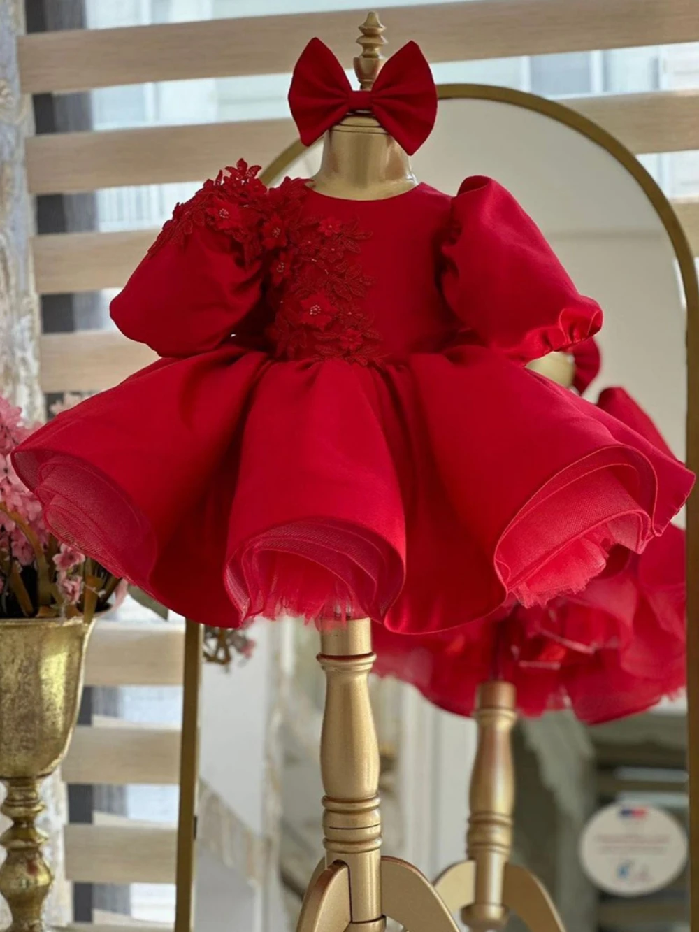 Luxury Red Tulle Puffy Kids Dresses For Party Lace Appliques Wedding Flower Girl Dress Customized Princess Ball Gown Prom Wear