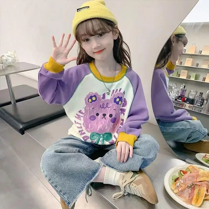 

Kawaii Girl Fashion Sweatsuit Student Spring and Autumn Casual Cartoon Round Neck Long Sleeves Pullover Tops Children's Clothing