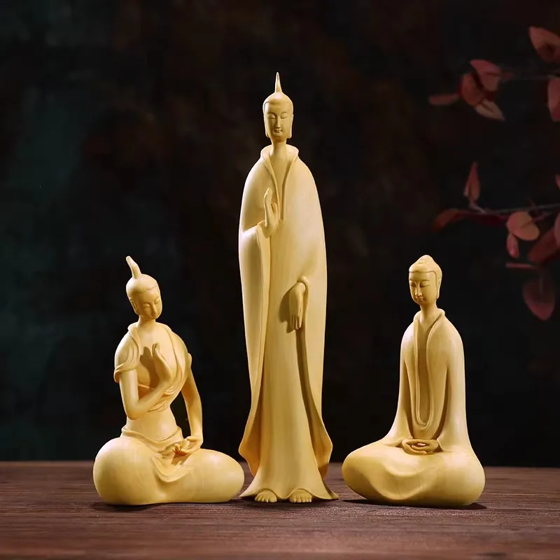 Inspired by Northern Wei Dynasty Art: Three Buddha Sculpture - Boxwood Carving with Minimalist Lines & Serene Zen Aura, A Contem