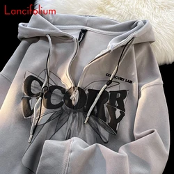 Autumn Vintage Loose BF Preppy Hooded Hoodie Fall Winter Zip Up Drawing Bow 3D Letter Graphic Sweatshirt Jacket Top Women 2023