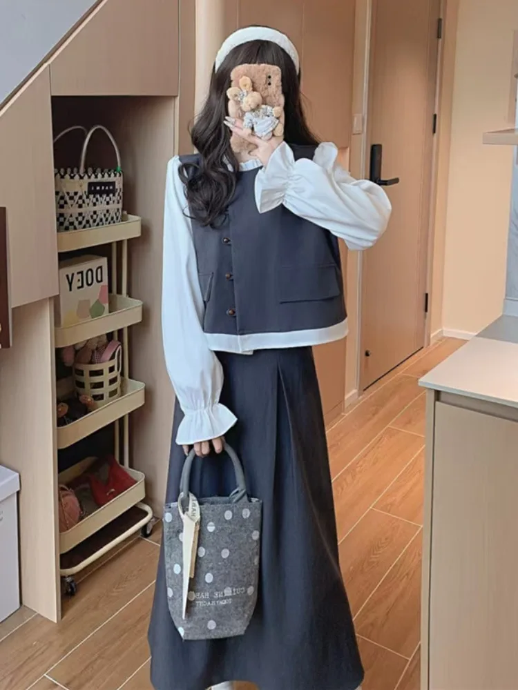 

Женский модный комплект офисной юбки, элегантные искусственные двухсекционные серые рубашки с расклешенными рукавами, топы с высокой талией, тонкие складки, юбки трапециевидной формы