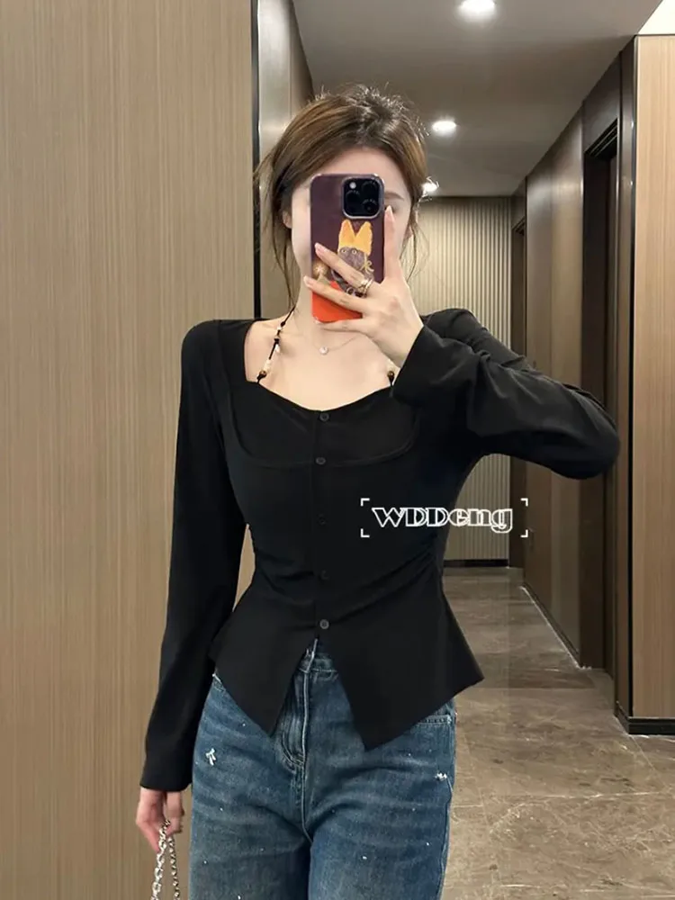 American Style Fashion Solid O-Neck Slim T-Shirts Women Daily Cozy Tops Autumn 2024 Coquette Gyaru Long Sleeve Tees New Trend