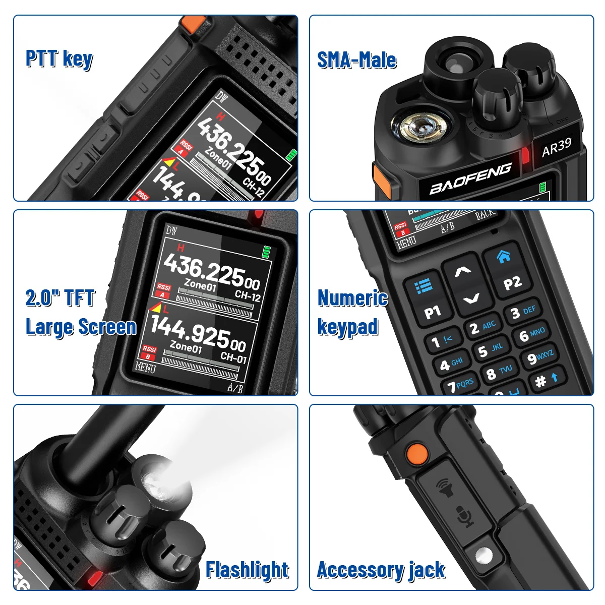 BAOFENG AR-39 جهاز اتصال لاسلكي طويل المدى متعدد الموجات 7 خيارات الخط الألوان مع مصباح يدوي AM/FM تردد نسخة لاسلكية راديو لحم الخنزير