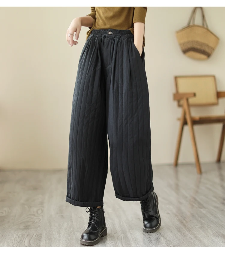 Women Cotton Padded Wide Leg Pants Winter Elastic Waist Loose Fit Casual Lounge Wear Thermal Trousers M159