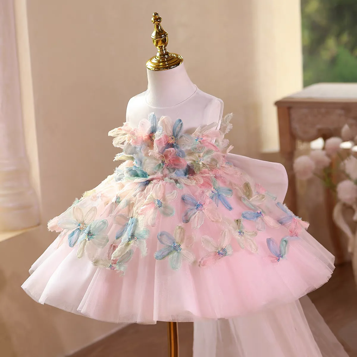 Dreamy Vow D113 Elegante abito da bambina rosa floreale senza maniche in tulle Festival per bambini Festa di compleanno Abito da ballo al ginocchio