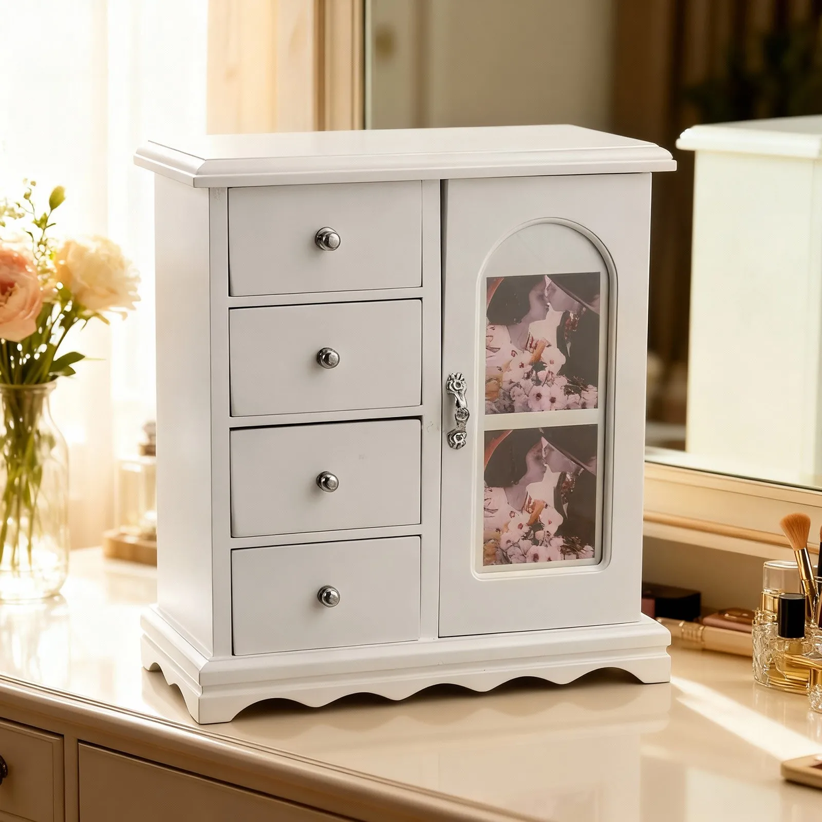 

Jewelry Box with Photo Frame Door 4 Storage Drawers 360° Rotating Necklace White