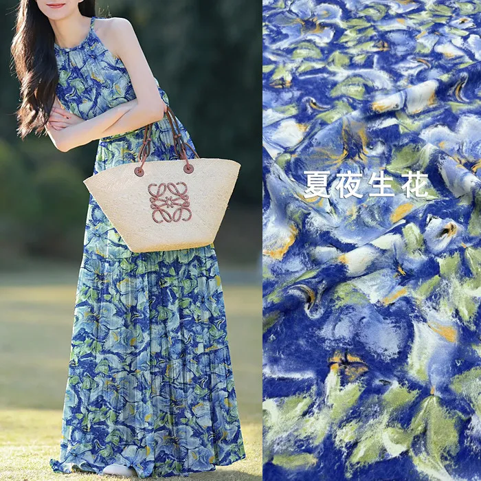 Navy Blue & White Watercolor Floral Print Silk Stretch Crepe De Chine Fabric Mulberry Silk Material Dresses 140cm Wide Blouse