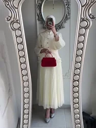 2 Piece Set Women Top Skirt Eid Muslim Abaya Pleated Skirt Sets Ramadan Jalabiya Dubai Arab Morocco Musulman Ensembles Solid