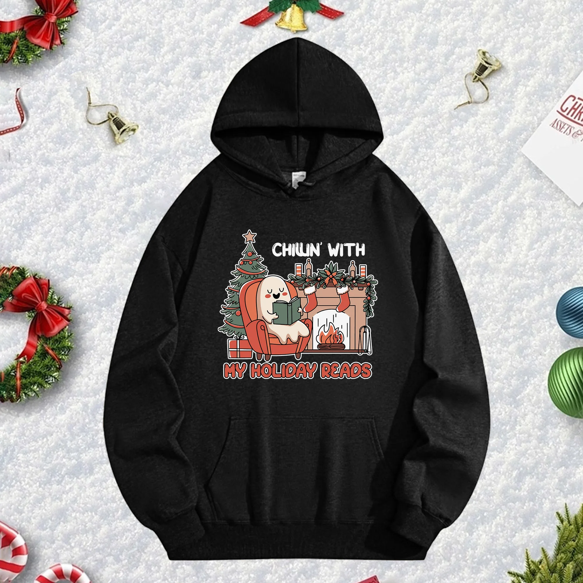 

CHILLIN WITH 270G Черная толстовка унисекс, уютный флисовый пуловер для зимы, праздничного наряда на Рождество и Новый год