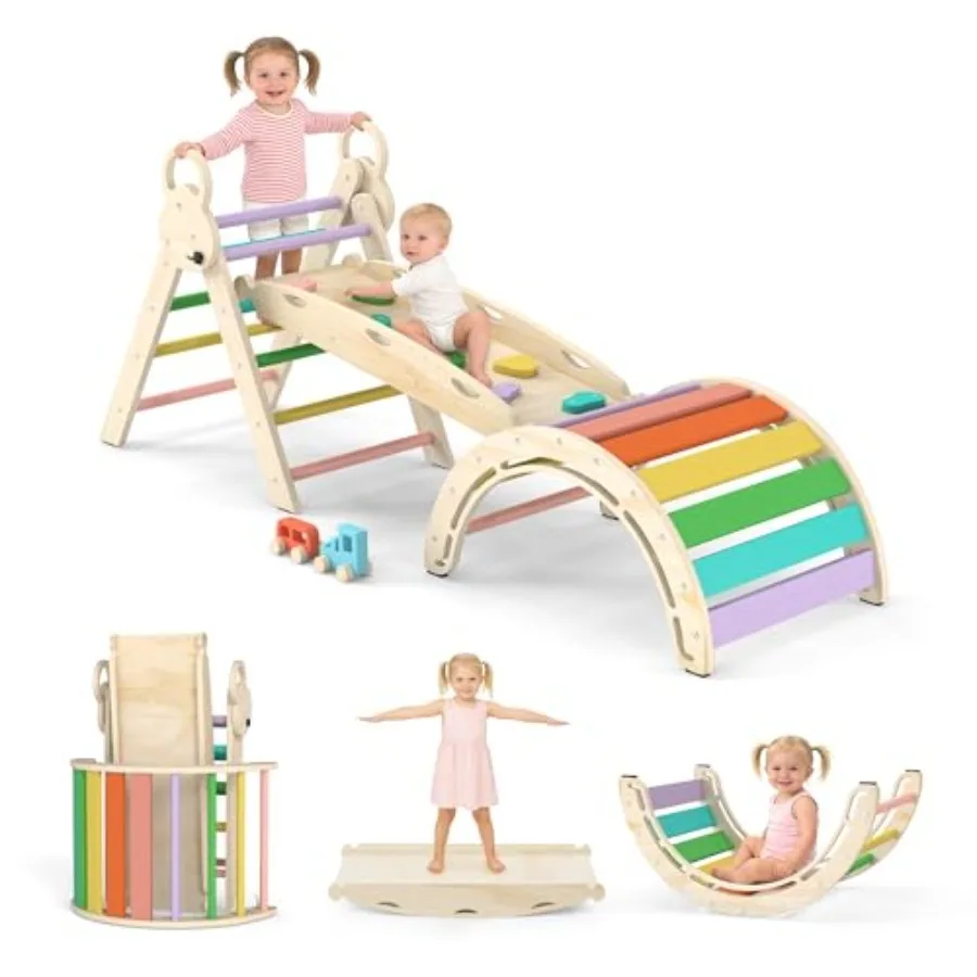 Pikler Triangle Set, Wooden Climbing Toy for Toddlers 7-in-1 Foldable Montessori Climbing Set in Natural Wood Color, Indoor Pla