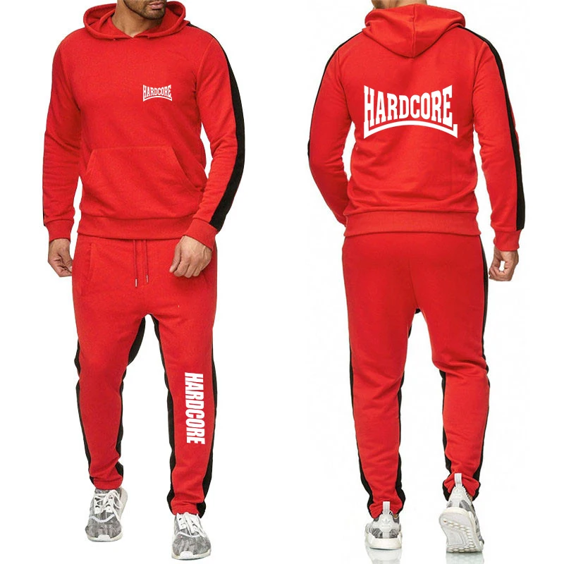 HARDCORE Printed Hoodie Sweatpants Tracksuit Men\'s Hooded Sweatshirt+Pants Pullover Sportwear Suit Clothes 2 Pieces Sets