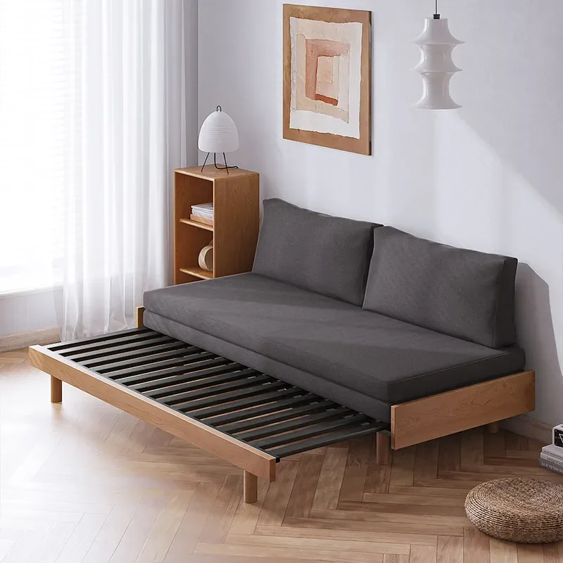 Solid wood pull-out sofa bed Small apartment push-pull multi-functional dual-purpose sofa bed Single tatami folding telescopic