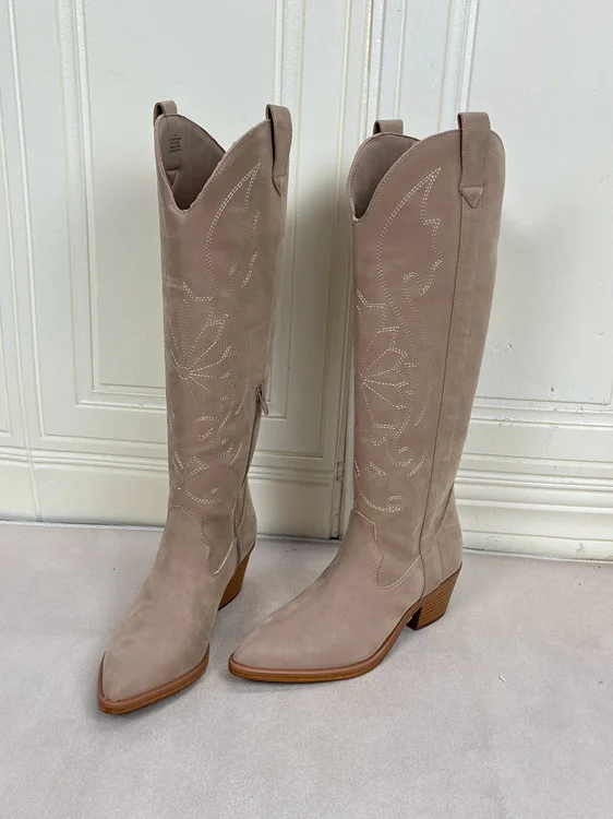 

Модные однотонные женские ковбойские сапоги с острым носком, на массивном каблуке, с боковой молнией, высокие, универсальные