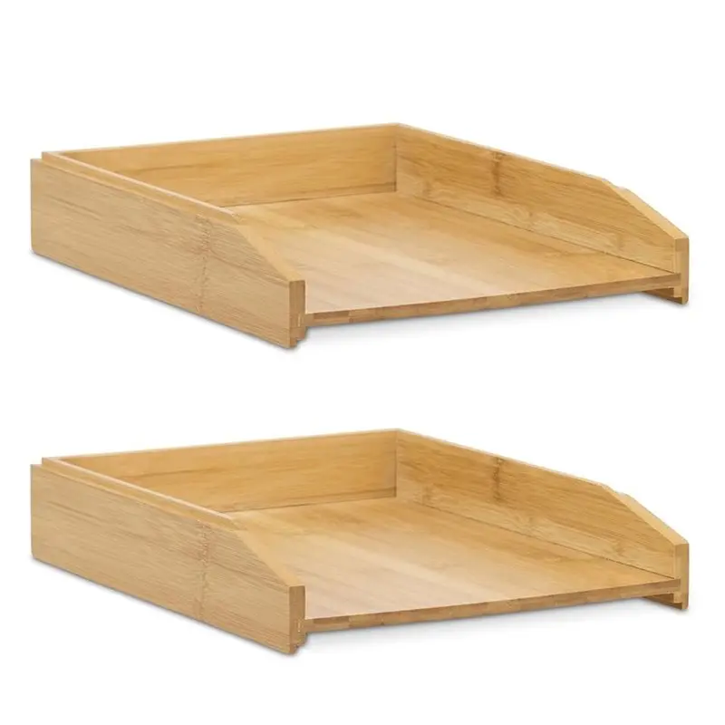 ABJF-2Pcs Bamboo Letter Trays, DIN A4 Size, Natural Stackable Document Tray,Stackable Document Organizer For Desk Offices