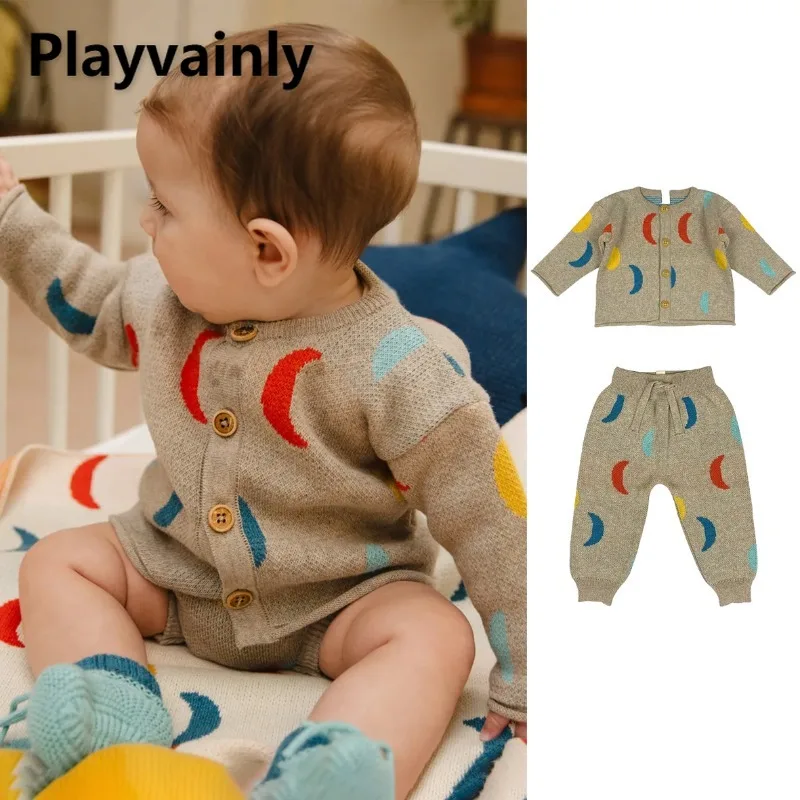 

2025 New Autumn Baby Knitted Sets Cute Moon Print O-neck Sweaters Cardigan Elastic Waist Knit Jogger Pants Kids Outfits W5261