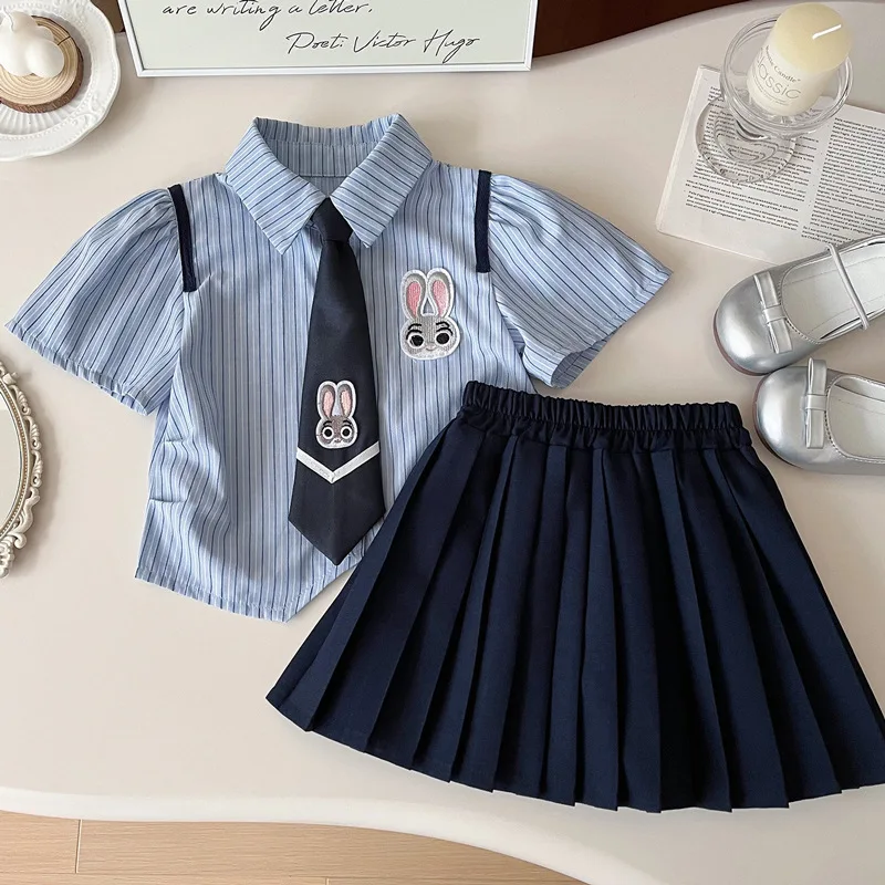 

Girls' Summer Short-Sleeved Shirt Pleated Skirt Suit ChildrenjkPreppy Style Western Style Fashion Skirt Two-Piece Suit Fashion