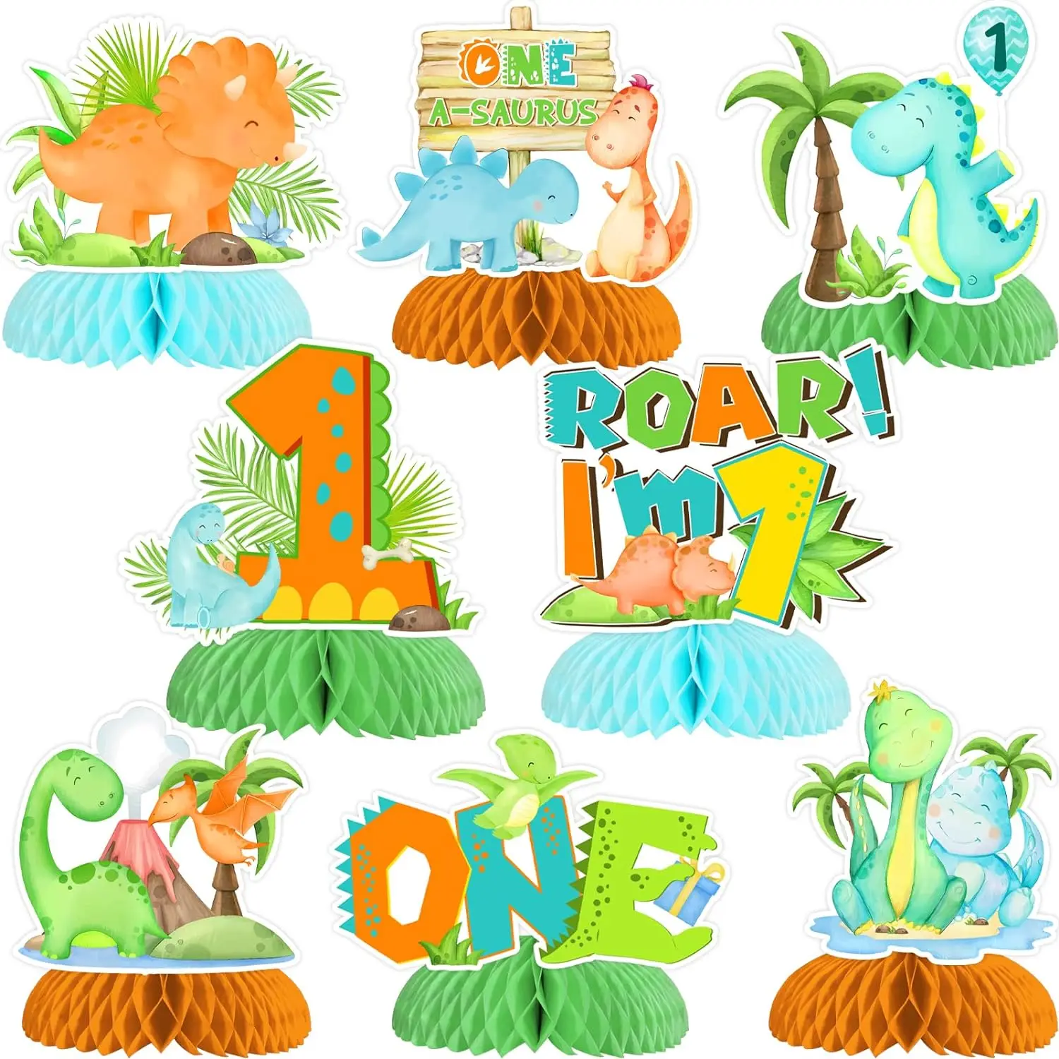 

8pcs Honeycomb Centerpieces One a Saurus First Birthday Decor Dino Table Toppers for Roar Im 1 Jungle Safari Animal 1st Birthday