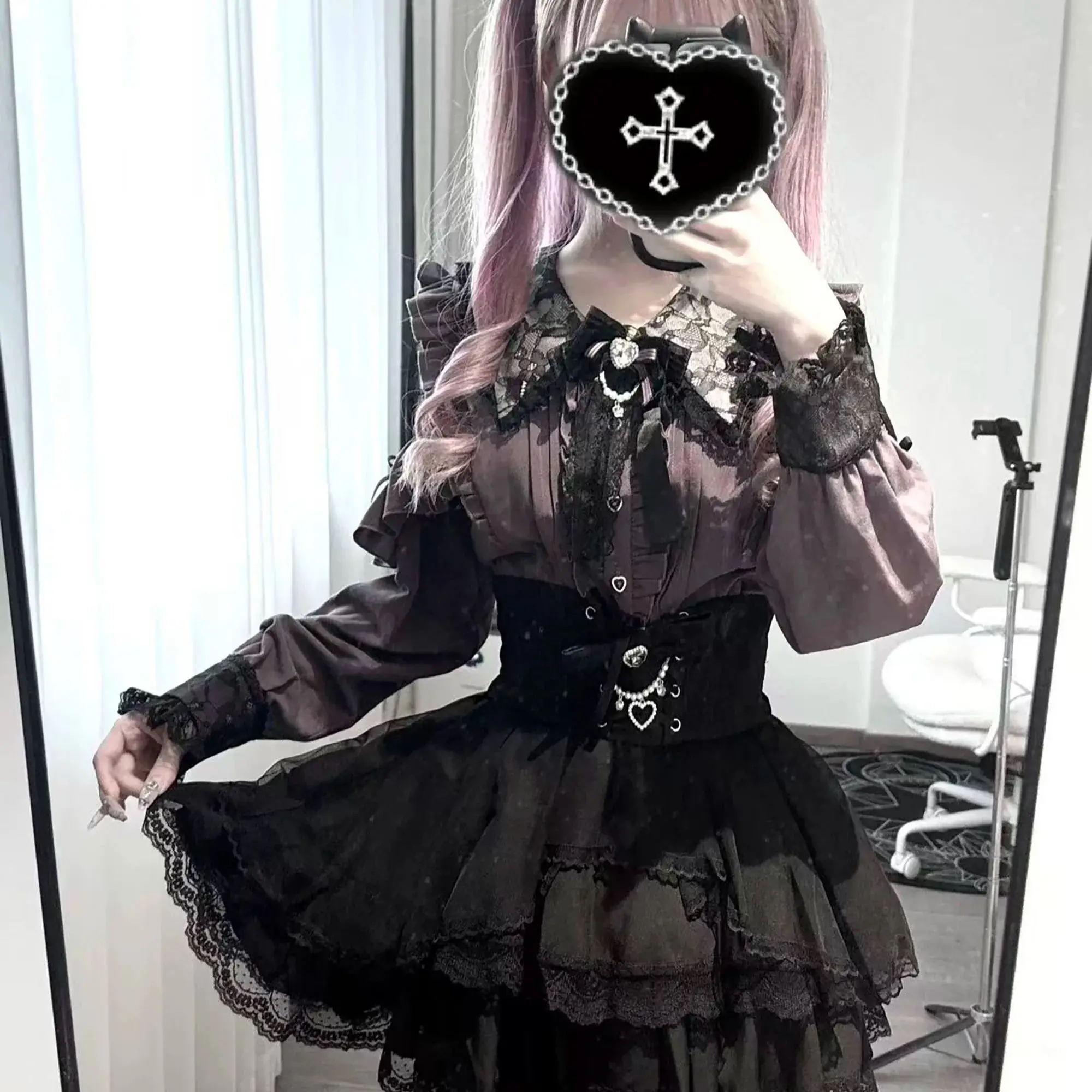 Jirai kei Shirt JK Skirt Lolita Y2K Sweet Japanese Style Purple Long-Sleeve School Uniform Blouse High-Waisted Darkness Outfit