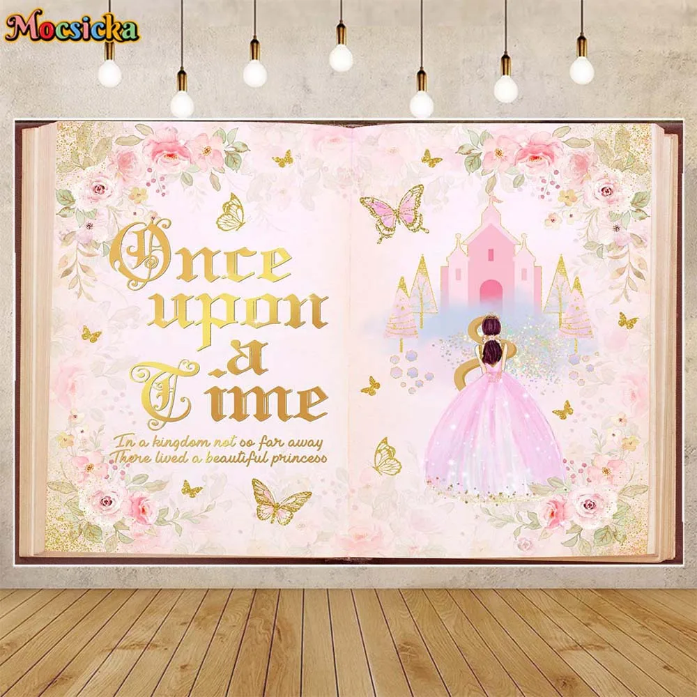 

Mocsicka Magic Book Once Upon a Time Background Newborn Baby Shower Backdrop Girl Birthday Party Decorations Photo Studio Props