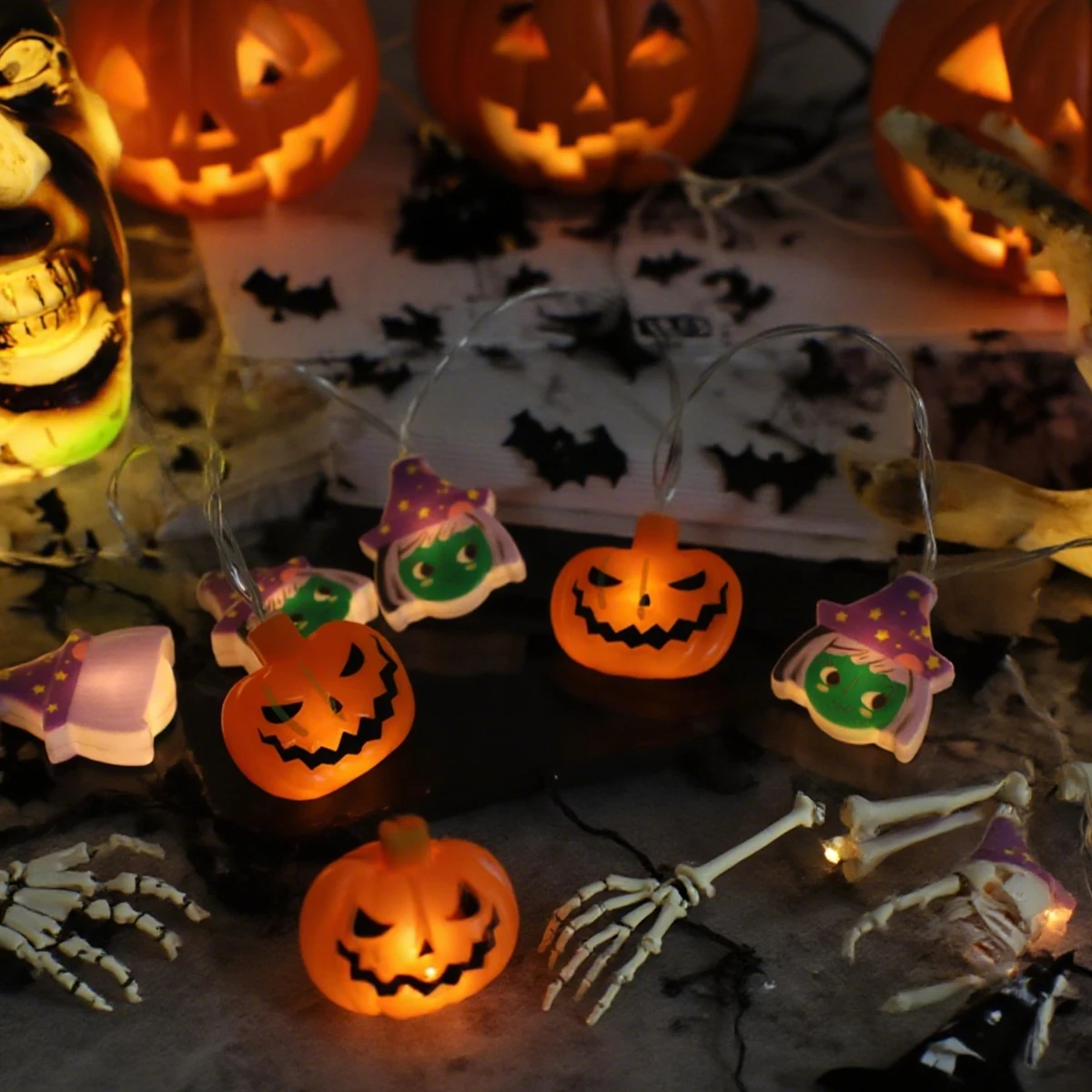 1PC 20 LED Halloween Witch & Pumpkin String Lights Battery Powered For Home Yard Room Bedroom Table Tree Holiday Party Decor