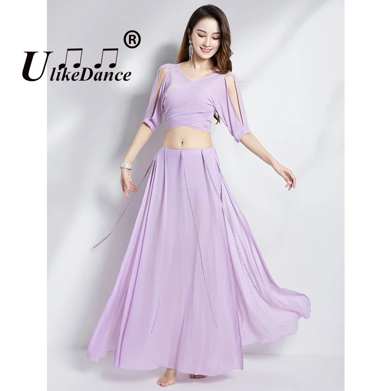 Belly Dance Clothing for Women Mesh Pearls Sleeves Top+long Skirt 2pcs Girl Oriental Costumes Set Female Practice Wear Outfit