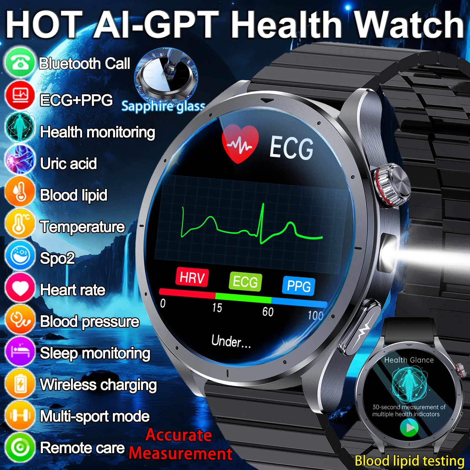 

2025 New Accurate Measurement Health Analysis Blood Lipids Uric Acid Smart Watch ECG+PPG Blood Pressure HD Sapphire Screen Clock