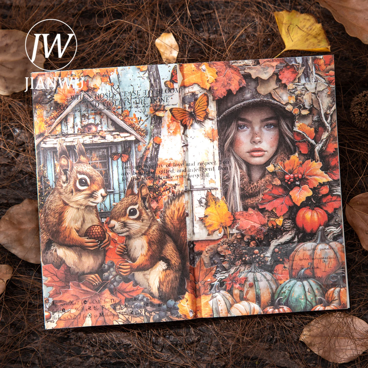 JIANWU Autumn Forest Memory Series Vintage Leaf Character Landscape Collage Scrapbook Material Creative Junk Journal Stationery