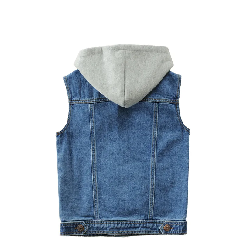 Boys Denim Vest With Hood Fashion Solid Design Kids Causal Outwear Jean Coat For Children's Age 2-14 T Waistcoat  LC400