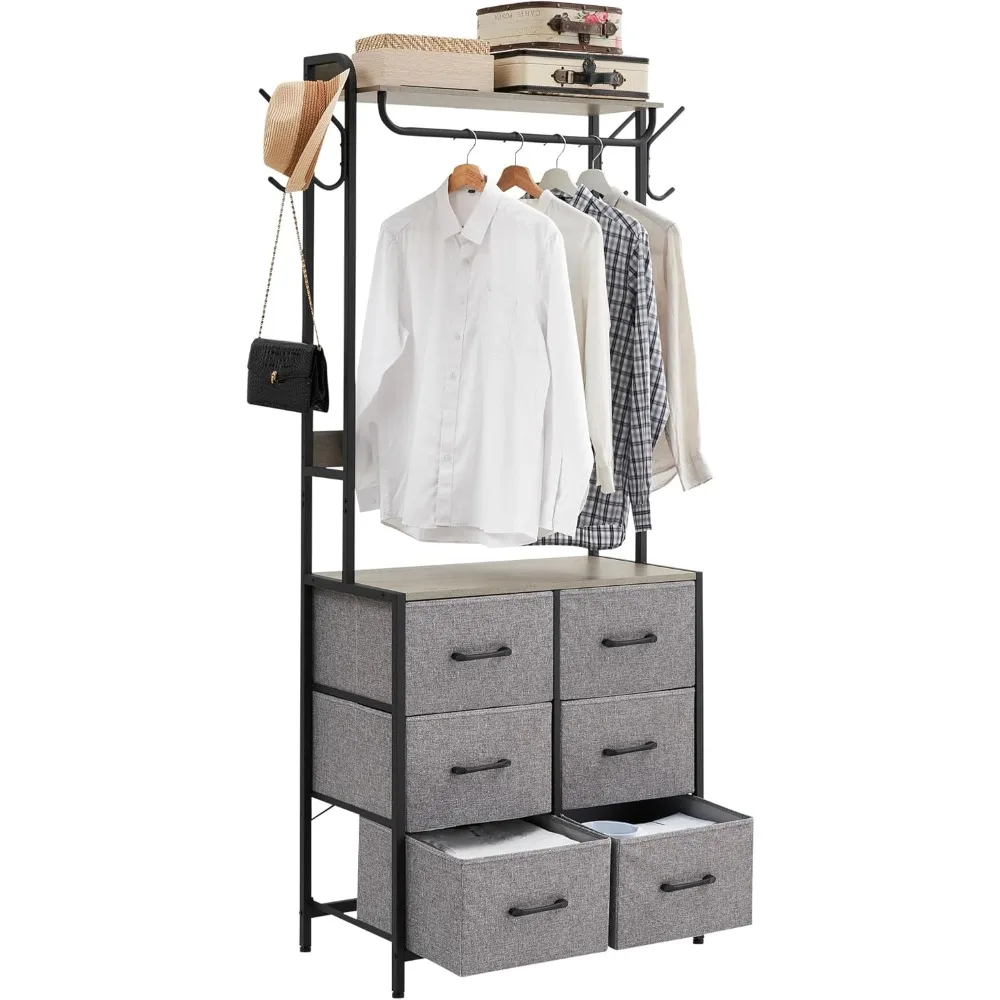 

Clothing Rack with 6 Drawers, Freestanding Closet Organizer, Clothes Stand Dresser with Steel Frame & Wooden Top