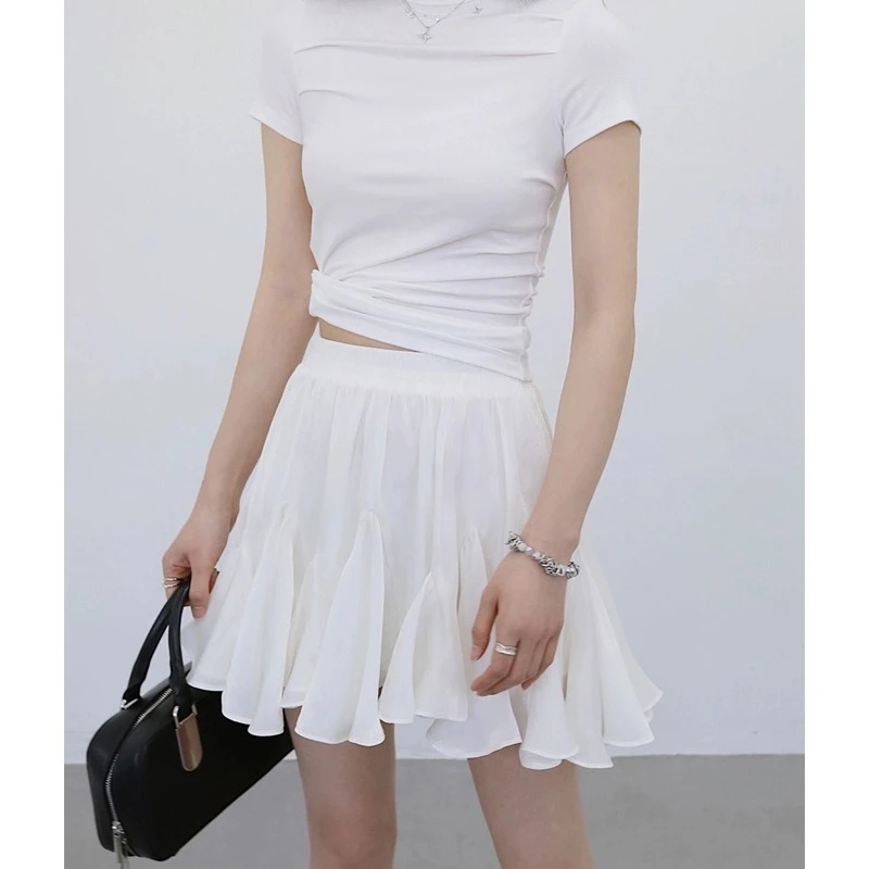 

Deeptown Elegant Ruffle White Women Mini Skirt Korean Style Fairycore Sweet Shorts Skirt Kawaii Pleated Patchwork Casual Skirts