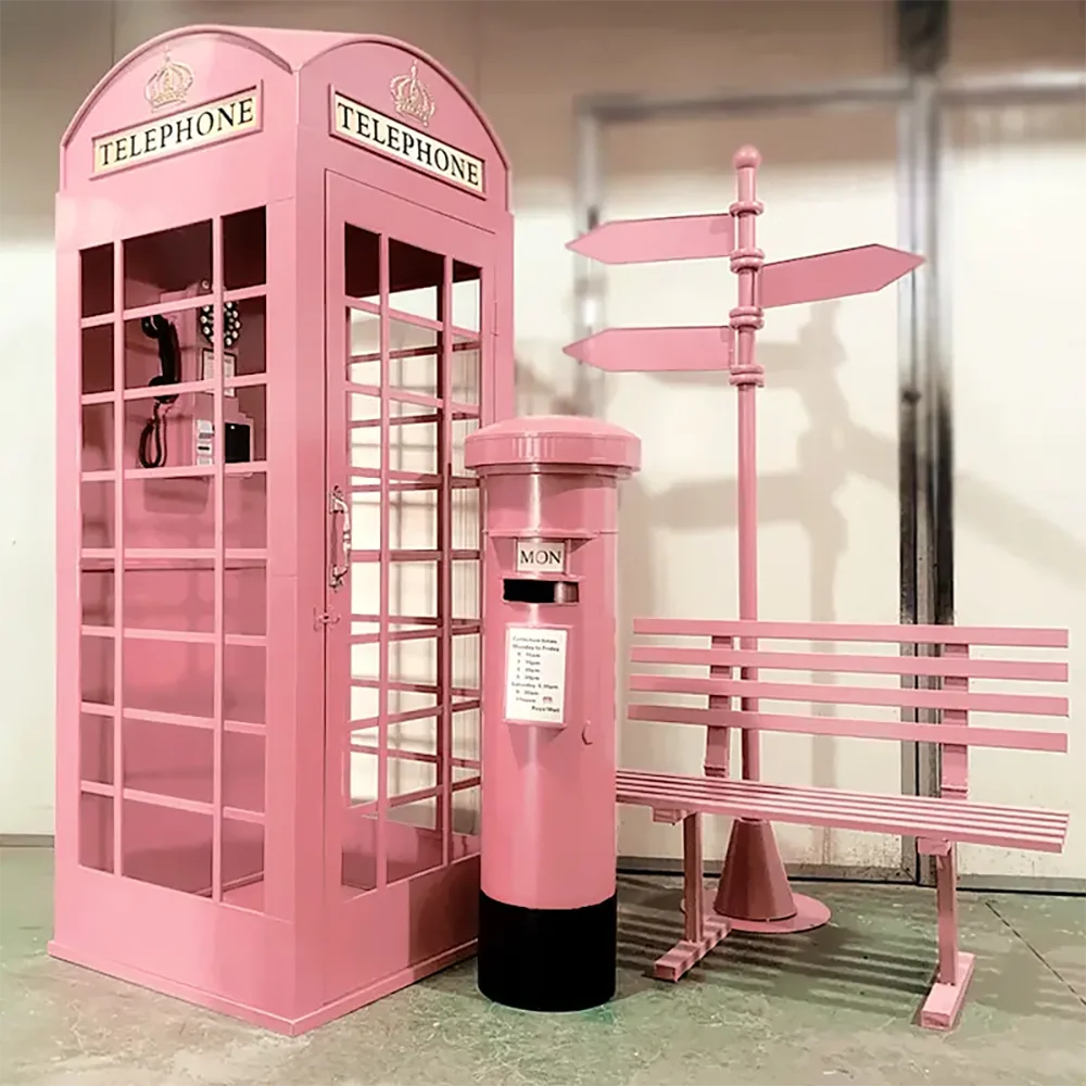 

Hot Sale Vintage Pink Telephone Booth Set Decoration Custom Metal London Telephone Booth For Sale