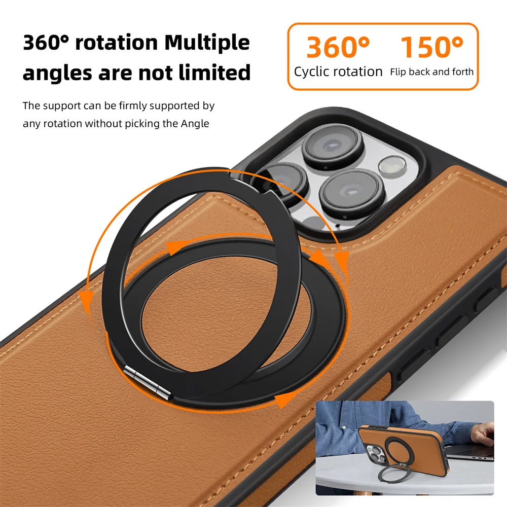 Business Leather Rotating Bracke Phone Case For iPhone 15 14 13 12 11 16 Pro Max Plus Magsafe Magnetic Ring Stand Holder Cover