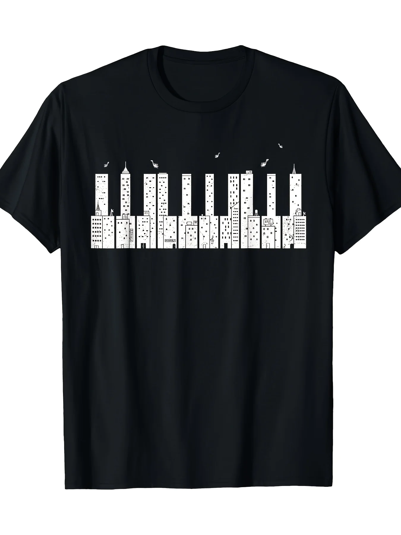 Unisex Piano City Outline Keyboard Music T-Shirt | 100%, Soft, All-Season Casual Streetwear Essential, Flared Hem, Crew Neck, Re